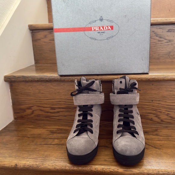 Prada Wedge Suede Ankle Booties Lace Up + Velcro + Zipper 39 / 9 - Picture 2 of 13